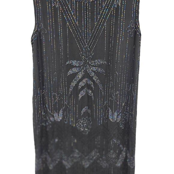 Vtg 80s Does 20s Black Oil Slick Beaded Silk Flapper Dress Sz M Great Gatsby - Picture 10 of 14